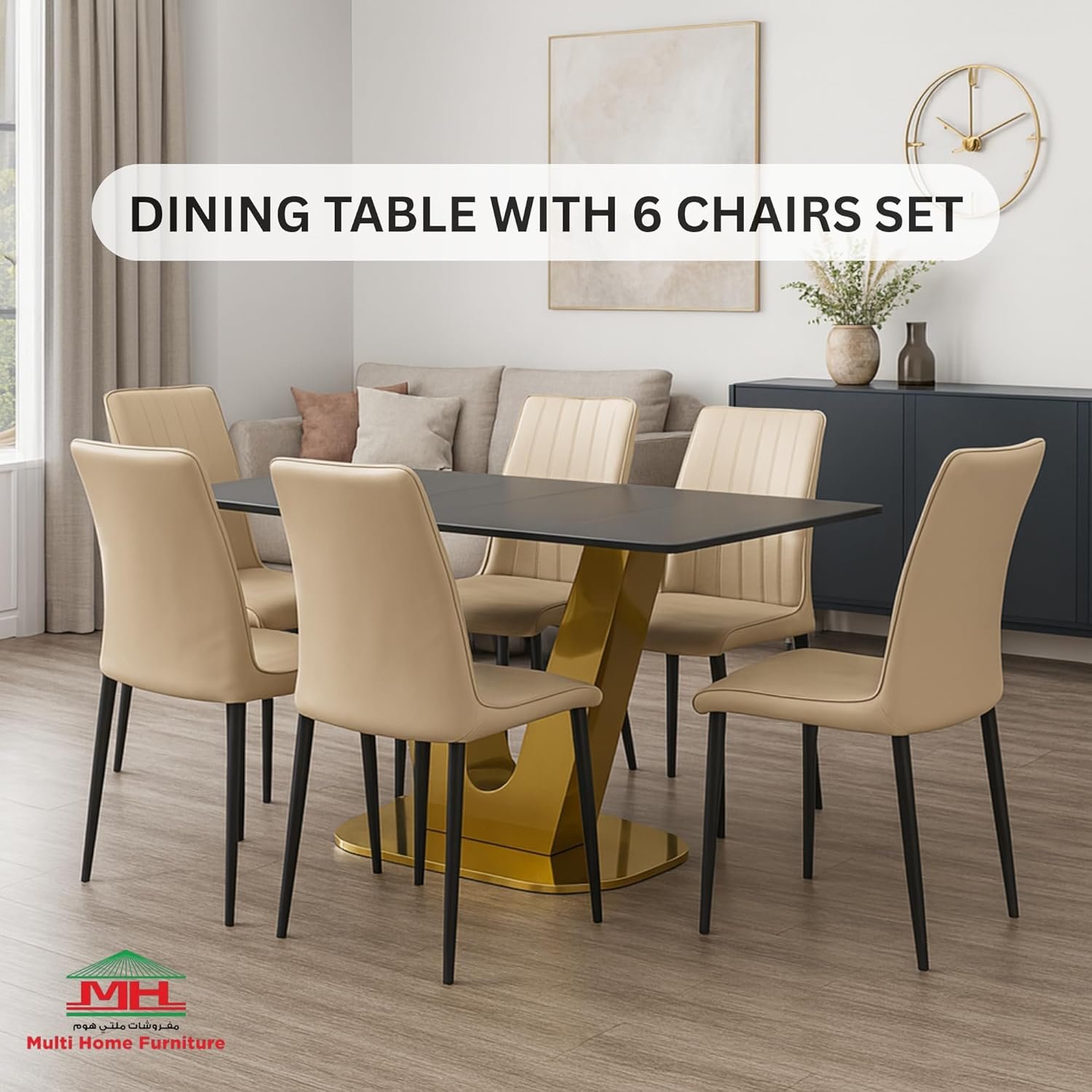Multi Home Furniture Dining Table Set 6 Seater with Black Marble Top and Golden V Shape Legs, Light Brown Faux Leather Dining Chairs, Modern Dining Table Set for Dining Room and Living Space - Image 6