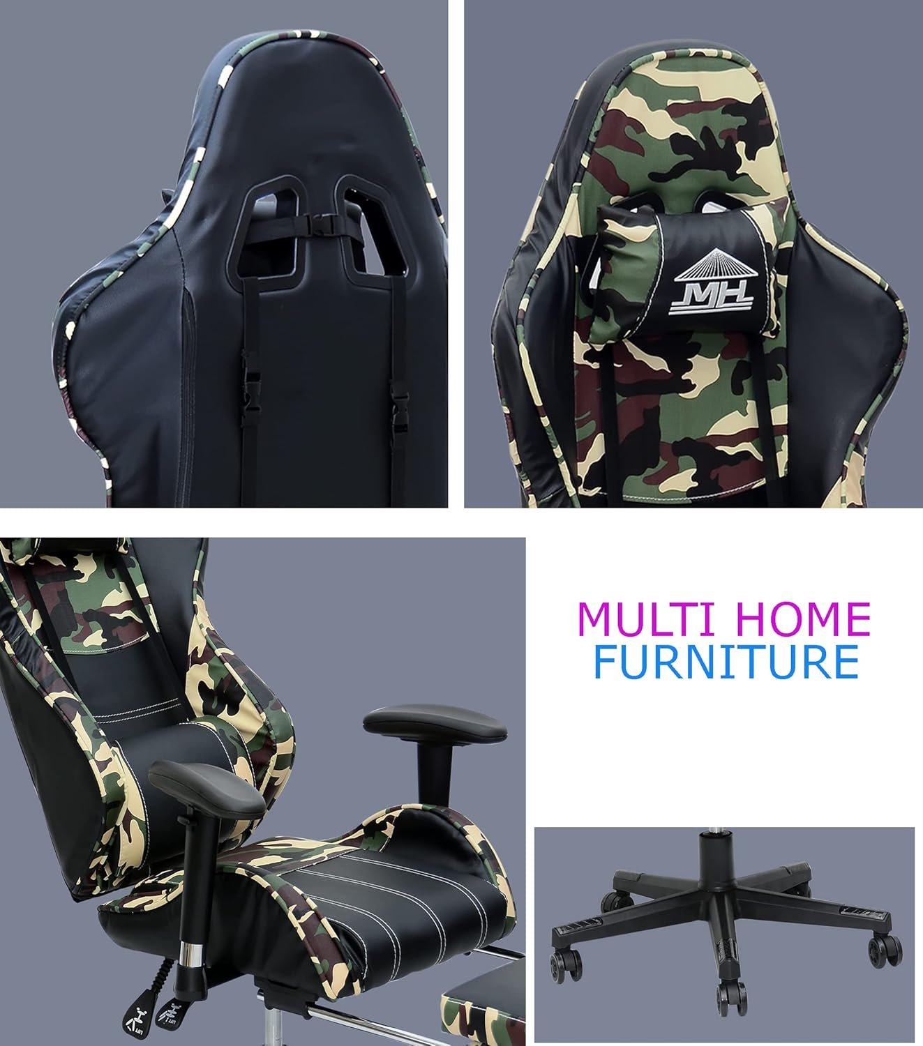 Multi Home Furniture Army & Black Gaming Chair | Ergonomic Chair High Recliner Chair with Adjustable Headrest & Footrest | Gaming Chair with Lumbar Support & Back Support | PU Leather Swivel Chair - Image 3