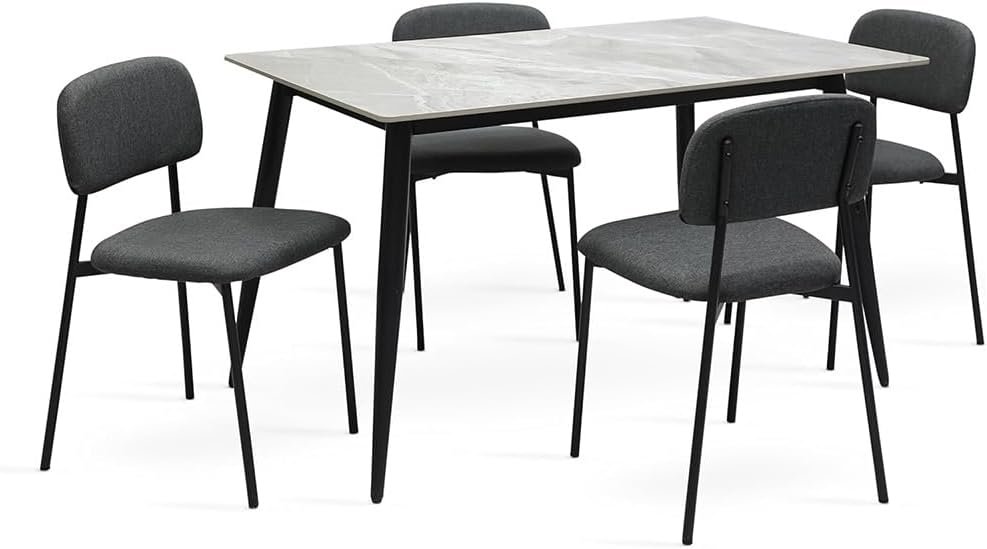Multi Home Furniture Grey Marble Dining Table Set 4 Seater with Black Steel Legs and Grey PVC Leather Dining Chairs, Modern Dining Table and Chair Set for Dining Room, Living Room, Kitchen