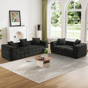 Poppins HOME Modern Comfy Chenille Sofa Set – Deep Seat 3 Seater & 2 Seater Couches | Black & Green Living Room Furniture, Soft Upholstery, Sturdy Frame (Black, 2-seater)