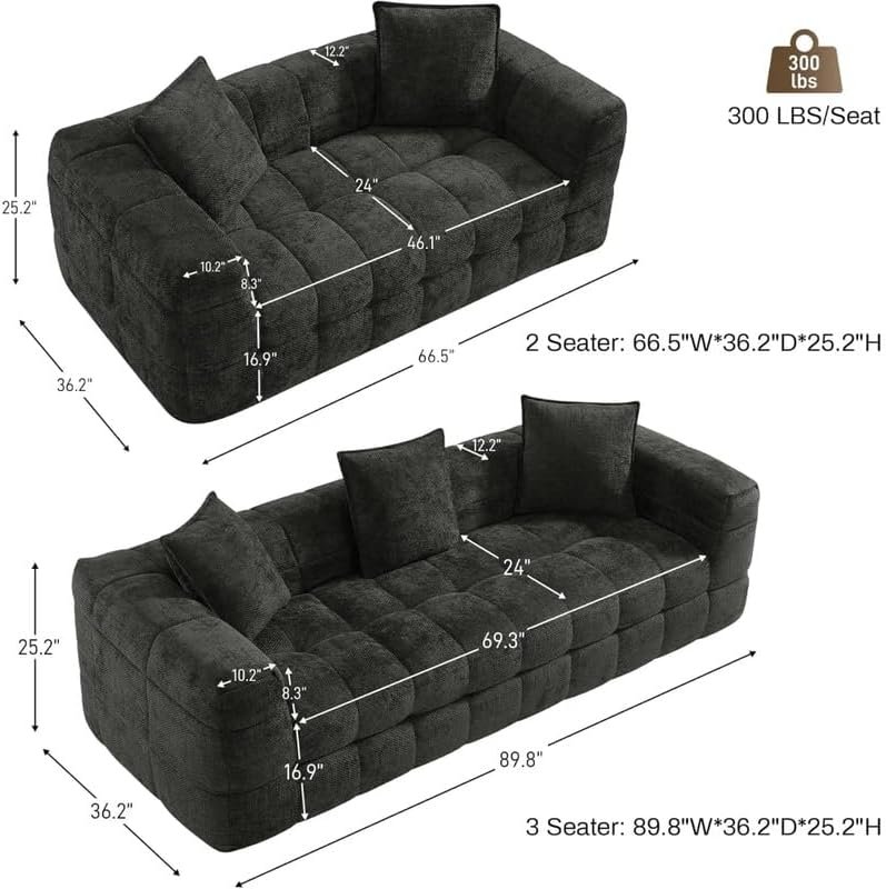 Poppins HOME Modern Comfy Chenille Sofa Set – Deep Seat 3 Seater & 2 Seater Couches | Black & Green Living Room Furniture, Soft Upholstery, Sturdy Frame (Black, 2-seater) - Image 2