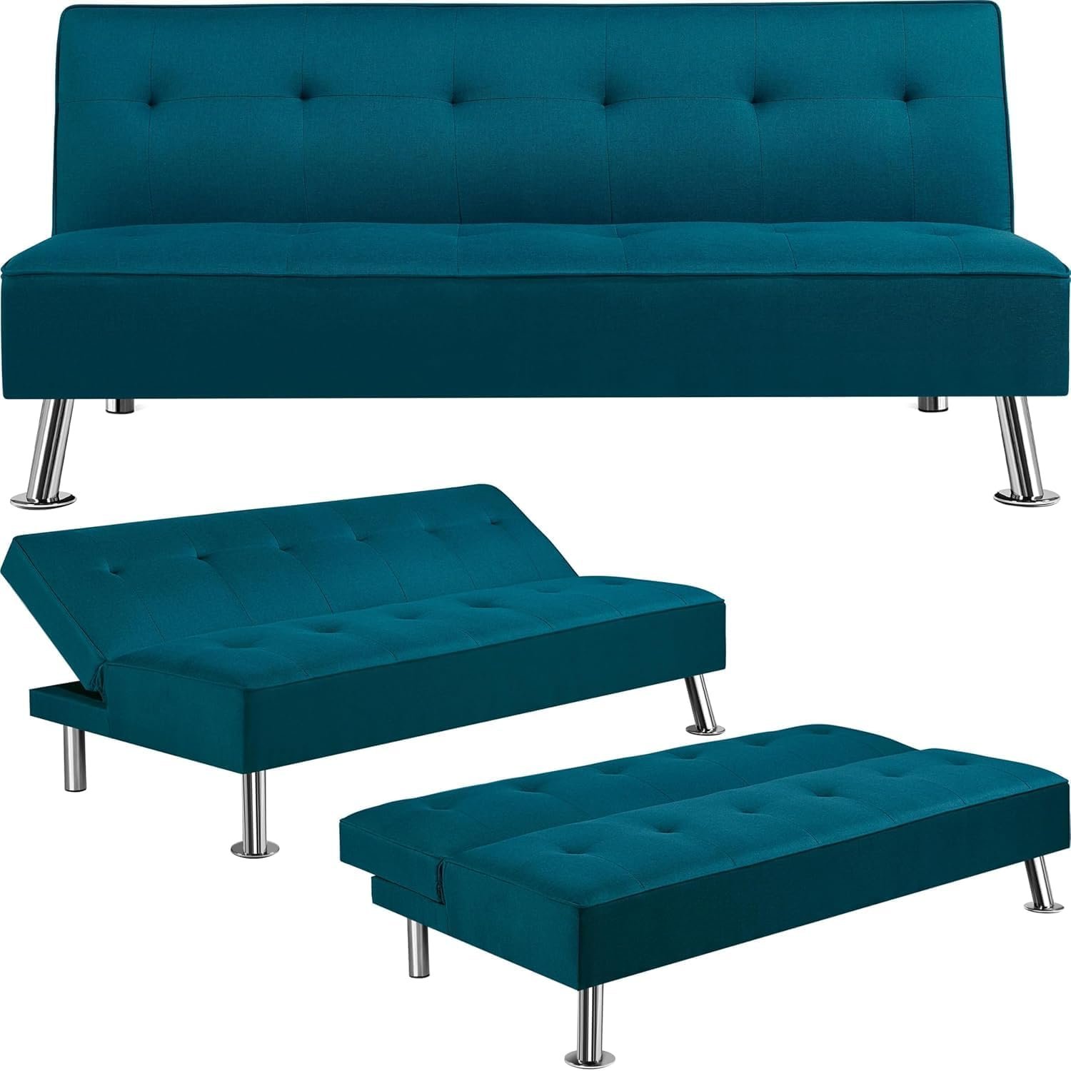 Poppins HOME Reclining Sofa Bed – Adjustable 105°–180° | Convertible Sofa to Bed | Fabric Padded Futon for Living Room, Guest Room, Office | Modern Aqua Blue (Black) - Image 11