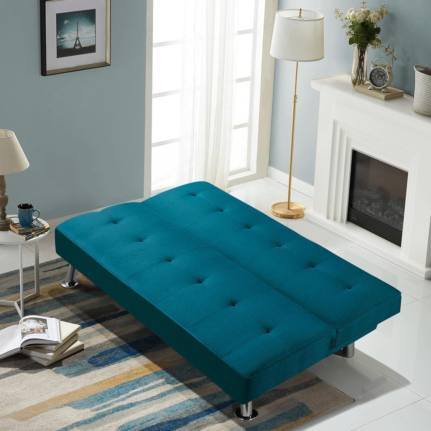 Poppins HOME Reclining Sofa Bed – Adjustable 105°–180° | Convertible Sofa to Bed | Fabric Padded Futon for Living Room, Guest Room, Office | Modern Aqua Blue (Black) - Image 15