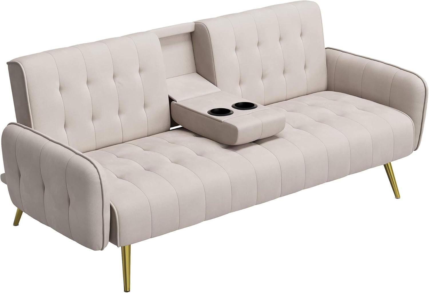 Poppins HOME Living Space Apartment Dorm Office Convertible Couch Removable Armrests Gray Sofa Bed with 2 Cup Holders (Beige)