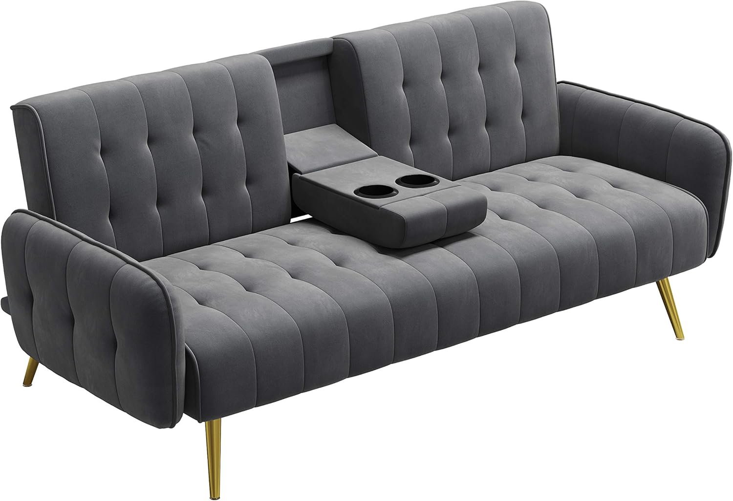 Poppins HOME Living Space Apartment Dorm Office Convertible Couch Removable Armrests Gray Sofa Bed with 2 Cup Holders (Beige) - Image 10