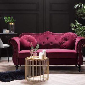 Poppins HOME Solid Sal Wood Velvet Upholstered 5 Seater Button Tufted Chesterfield Sofa Set for Living Room (2 Seater, Burgundy)