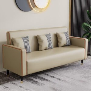 Poppins HOME leather Sofa with Houndstooth Patterned Cushions, 3-Seater (Beige)