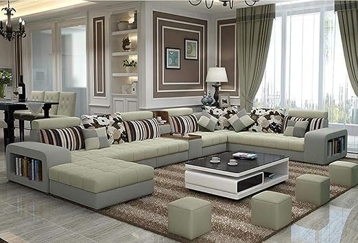 Poppins HOME Modern Simple U-Shaped Sofa Living Room Chaise Longue Sofa Removable And Washable Cotton And Linen Fabric Sofa (Olive Green) - Image 5