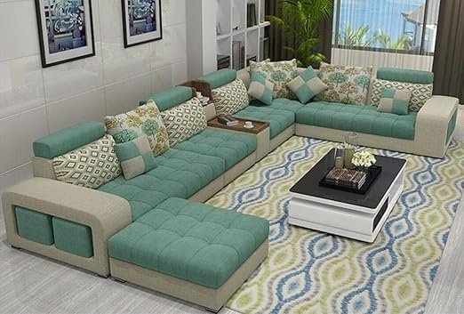 Poppins HOME Modern Simple U-Shaped Sofa Living Room Chaise Longue Sofa Removable And Washable Cotton And Linen Fabric Sofa (Olive Green) - Image 11