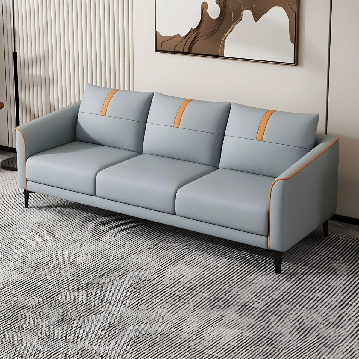 Poppins HOME Modern Sofa with Orange Pipinger (Blue, 3 Seater) - Image 7
