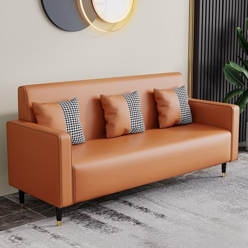 Karnak leather Sofa with Houndstooth Patterned Cushions, 3-Seater (Orange)