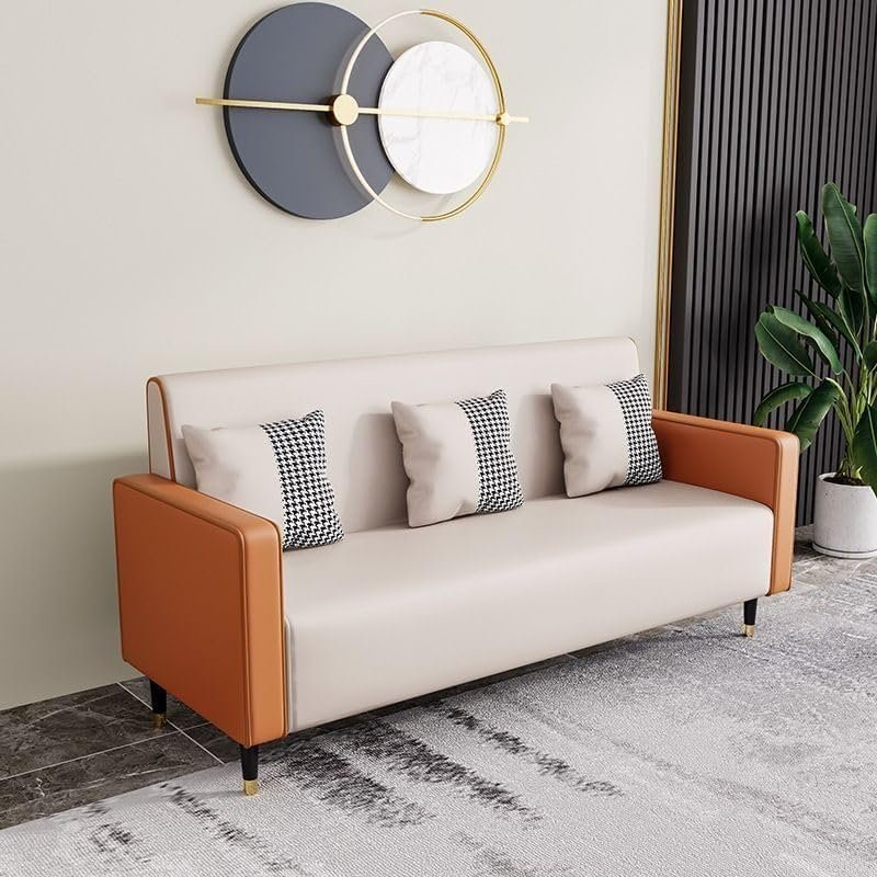 Karnak leather Sofa with Houndstooth Patterned Cushions, 3-Seater (Orange) - Image 9