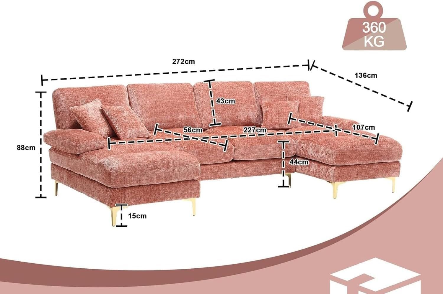 Karnak Modern Velvet U-Shaped Sectional Sofa – 3-Seater Sofa with Double Chaise, Plush Cushions & Gold Metal Legs, Deep Blue Upholstered Couch for Living Room or Lounge (Orange) - Image 2