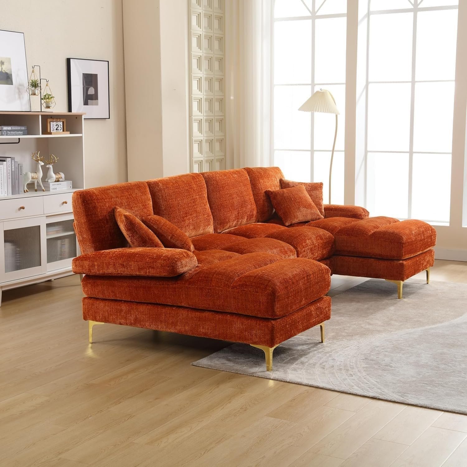 Karnak Modern Velvet U-Shaped Sectional Sofa – 3-Seater Sofa with Double Chaise, Plush Cushions & Gold Metal Legs, Deep Blue Upholstered Couch for Living Room or Lounge (Orange) - Image 4