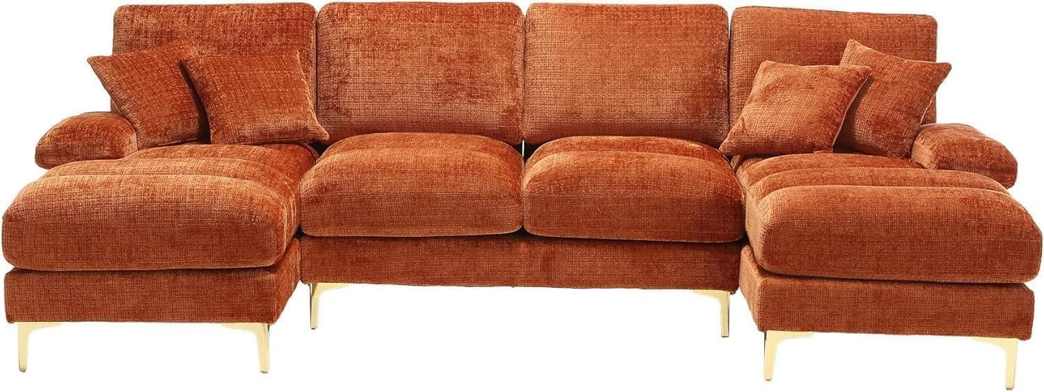 Karnak Modern Velvet U-Shaped Sectional Sofa – 3-Seater Sofa with Double Chaise, Plush Cushions & Gold Metal Legs, Deep Blue Upholstered Couch for Living Room or Lounge (Orange) - Image 5