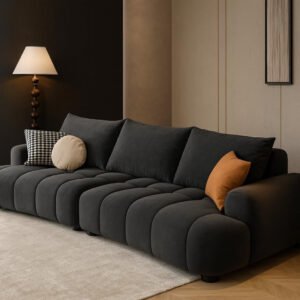 Karnak Modern Recessed Arm Sofa With Bolster Pillows for Living Room | Anti Cat Scratch Leather | 54 x 110 x 83 cm (Beige) | Modern Sofa | Couch