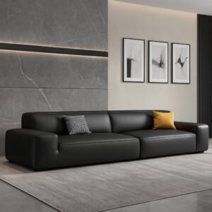 Karnak Extra Long Black Leather Sofa with Stain-Resistant Feature | Two Matching Pillows | Sponge & Latex Seat Filling | Full-Grain Leather Upholst
