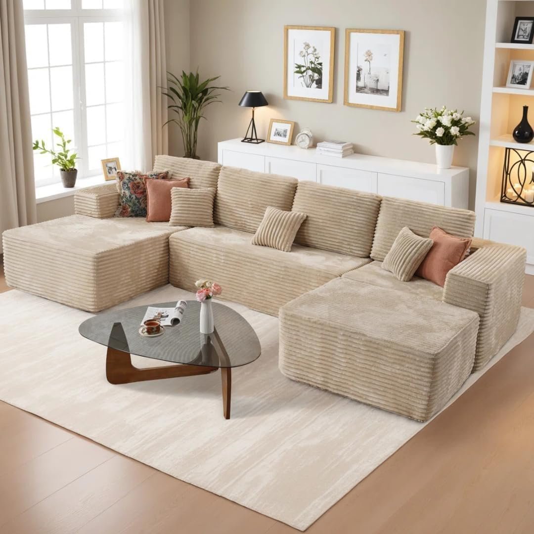 Karnak Cloudelle-Style 6‑Piece Sectional Sofa - Plush Corduroy U‑Shape with Ottoman & Toss Pillows | Modern Modular Sofa With Deep Seat (Black) | Mod - Image 7