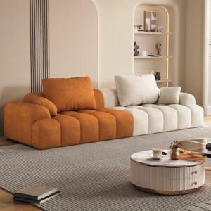Karnak Extra Long Modern Wood Framed Sofa With Standard Seat Size And Foam Filling | Anti Cat Scratch Fabric 240 X 96 X 65 Cm Orange/Beige | Modern So