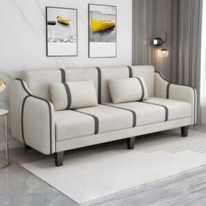 Karnak Modern Wood Sofa With Foam Seat For 3 People Shallow Seat Non-Skirted Design | Flannel 180 X 65 X 75 Cm Off-White | Modern Sofa | Couch | Livin