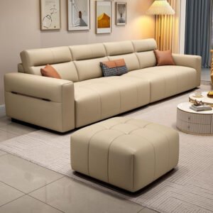 Karnak Extra Long 4-Seater Wooden Sofa With Durable Anti-Scratch Fabric & Included Ottoman 299.72 X 93.98 X 91.44 Cm + 71.12 X 71.12 X 40.64 Cm Light