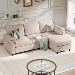 Karnak Linen L-Shape Upholstered Sofa with Ottoman - Space-Saving Sectional with Hidden Storage & Feather-Blend Cushions (Beige) | Modern Sofa | Couch