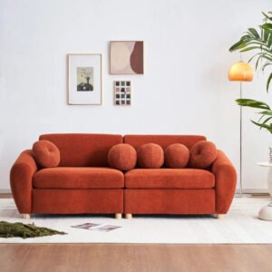 Karnak Curved Velvet Sofa - 84″ Chenille Upholstered Scalloped Couch with Pillows | Modern Living Room Furniture (Orange Chenille) | Modern Sofa