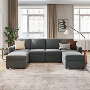 Karnak Linsy Salon U-Shape Modern Design Design Polyester Sofa Couch For Living Room Color (Grey - 4 Seater)