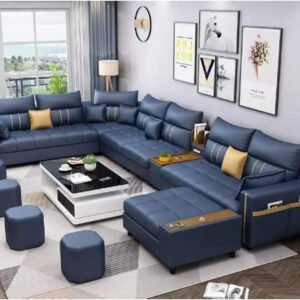 Karnak Sectional Sofa Couch | Modern Corner Sofa Set for Living Room | Faux Leather Upholstered Sofa with Solid Wood Frame | Dark Blue Sofa Couch