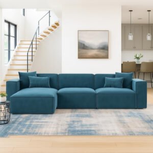 karnak Carol Corner 3 Seater L-Shape Velvet Upholstery Sofa Couch (BLUE) for Living Room Furniture