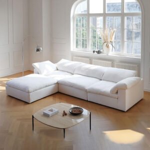 Karnak Cloud Sofa Couch 3-Seater Polyester Fabric Upholstery Sofa Couch (WHITE, 3 SEATER + OTTOMAN) for Living Room Furniture