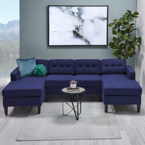 Karnak Nelson Modular Velvet Upholstery 2 seater Sofa Couch & 2 Chaises Modern Design Design Sofa Couch with Natural Wood Frame and Comfortable couch for Living Room (Blue)