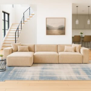 karnak Carol Corner 3 Seater L-Shape Velvet Upholstery Sofa Couch (Beige) for Living Room Furniture