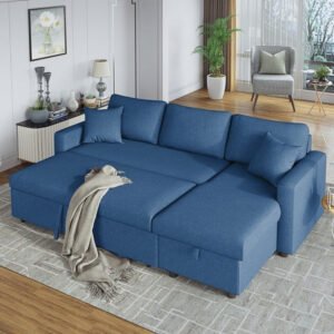 Karnak Diwan Sofa Couch Cum Bed With Cushions L-Shaped Storage Space | Convertible Living Room Furniture. (BLUE)