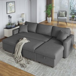 Karnak Hunter 3-Seater Fabric Upholstery Corner Sofa Couch Cum Bed L-Shaped Storage Space Convertible Living Room Furniture (Grey)