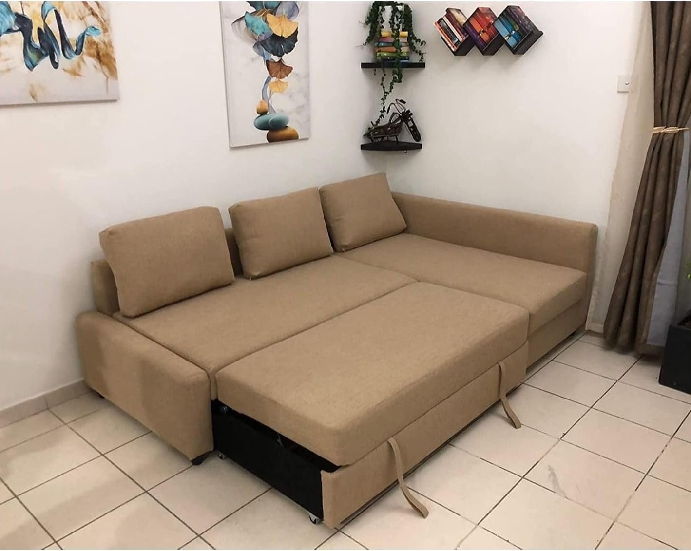 Karnak Convertible Sofa Couch Cum Bed L-Shape Corner Sofa Couch Plus Diwan Bed with Storage Box & Cushion for Living Room, Home, Office, Apartment, Studio Room Size 215x150x75 Centimeters (Brown) - Image 2