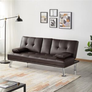 Karnak Futon Sofa Couch Bed, Faux Leather Lounge Couch for Living Room, Convertible Upholstered Loveseat Sleeper, Small Futon Couch for Small Space w/Cup Holders and Armrest - (BROWN)