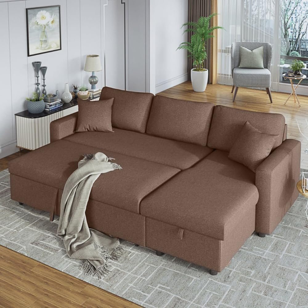 Karnak Diwan Sofa Couch Cum Bed With Cushions L-Shaped Storage Space | Convertible Living Room Furniture. (BROWN, WITH ASSEMBLY)