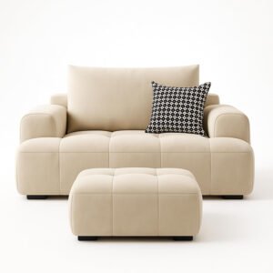 Karnak Modular Hokku Sofa | 1-Seater Sectional Sofa with FootStool | Lounge Upholstery Sofa Corner | Minimalist Cloud Sofa Design | Modern Living Room Furniture (Beige)