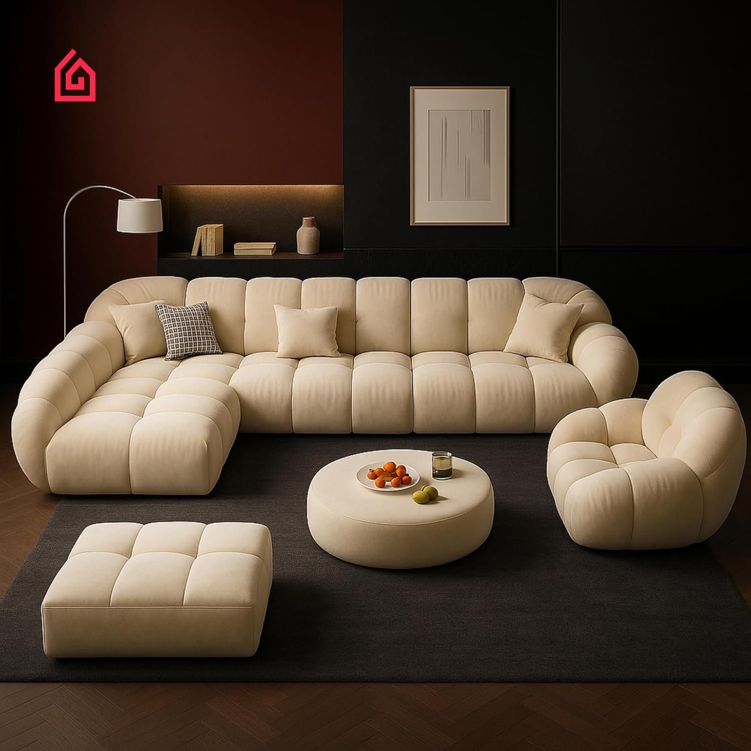 Karnak Premium Fleece Cloud L-Shaped Sofa | Overstuffed Sectional Sofa Set | Modular Corner Sofa | Off White Comfortable Sofa For Office (Left Corner L Shape Only) - Image 11