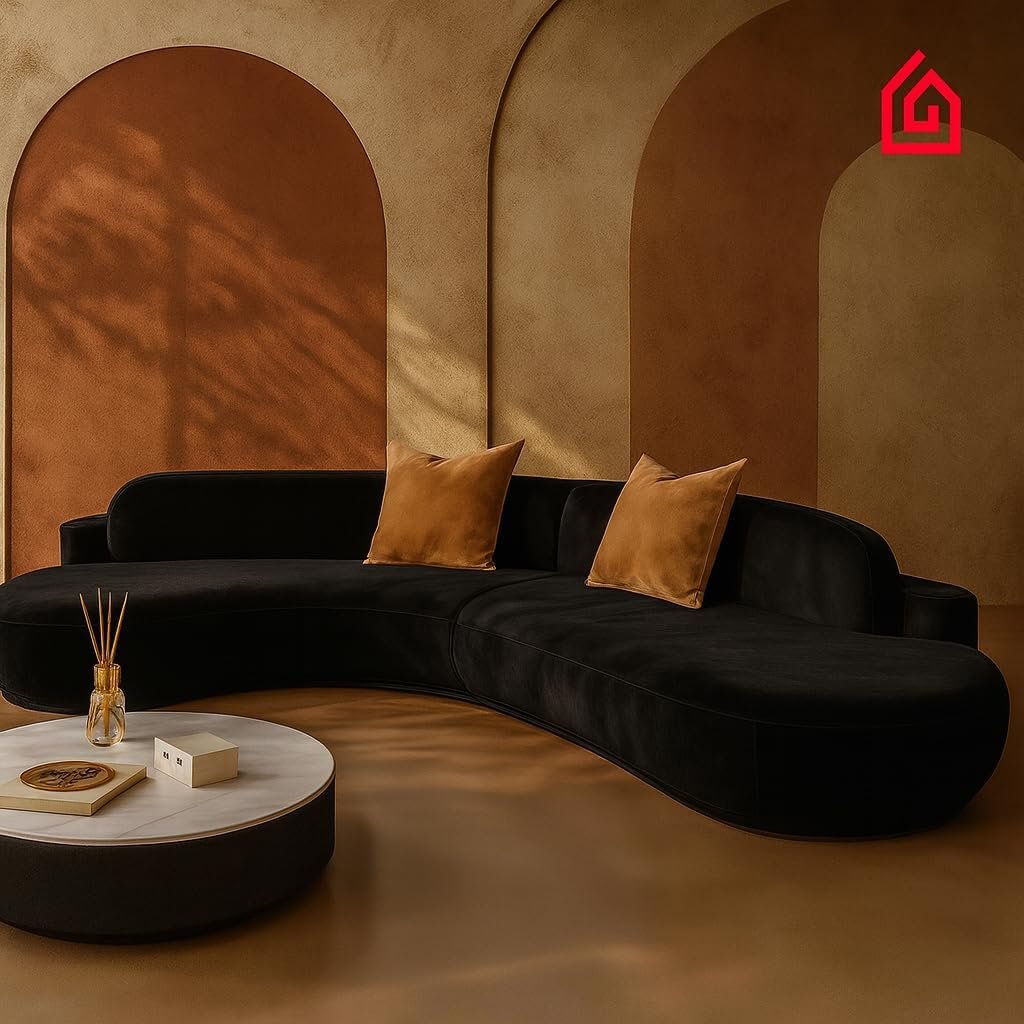 Karnak Midnight Curved Sectional Sofa | Left Hand Facing Modular Sofa | Frosted Velvet Upholstery | Pillow Back, Armless | Living Room Furniture (Black, 340W x 220D CM) - Image 4