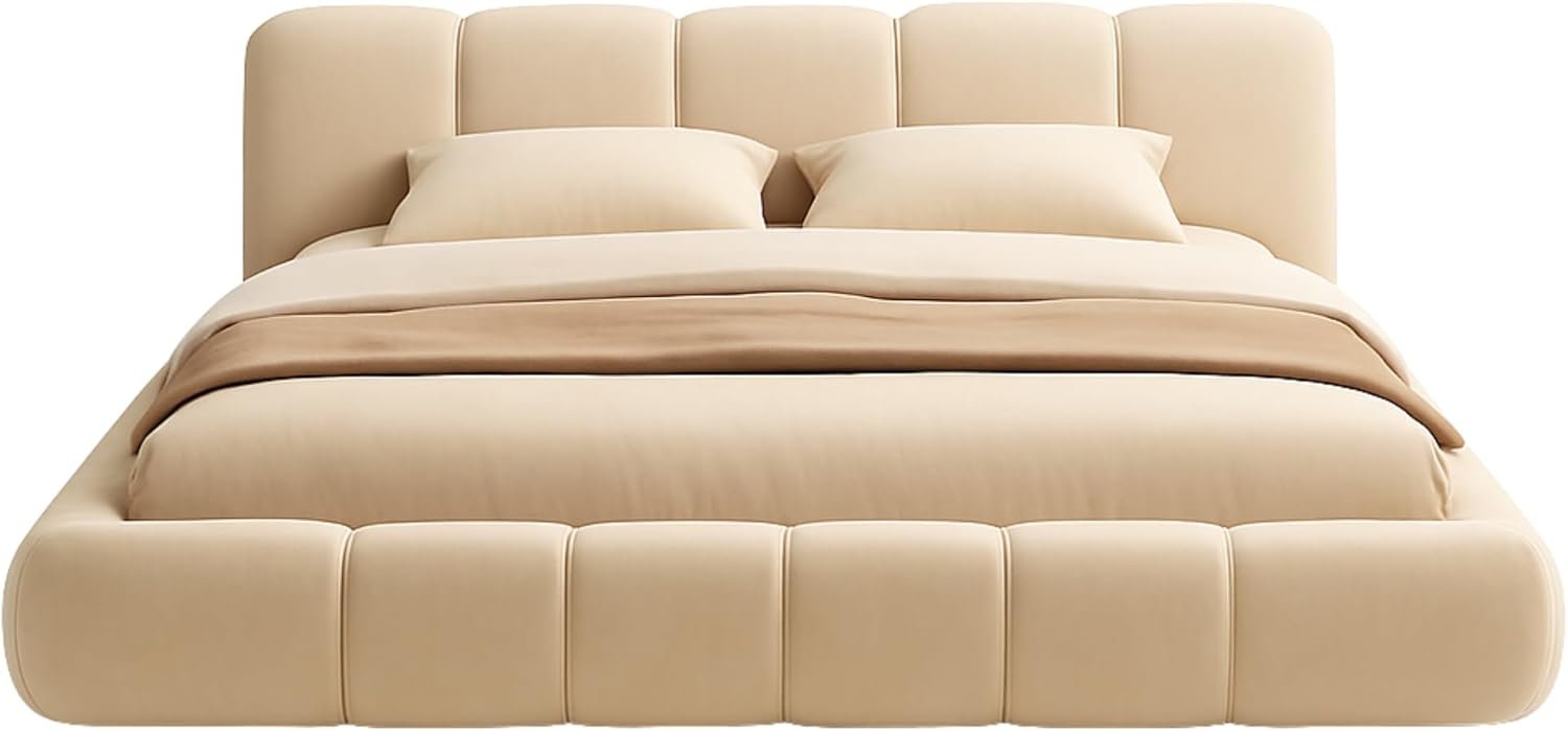 Karnak Italian Super King Bed Frame | Minimalist Beige Upholstered Wood Bed | Solid Wooden Platform | Bedroom Furniture UAE (200 x 200 cm Without Mattress)