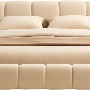 Karnak Italian Double Bed Frame | Minimalist Beige Upholstered Wood Bed | Solid Wooden Platform | Bedroom Furniture UAE (120 x 200 cm Without Mattress)