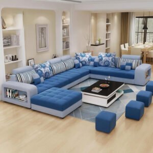 Karnak Luxury U-Shaped Sectional Sofa Set | 10-Seater Fabric Upholstered Sofa Set | Corner Couch Set | Modern Solid Wood Sofa for Large Living Room | Space Saving (Blue)