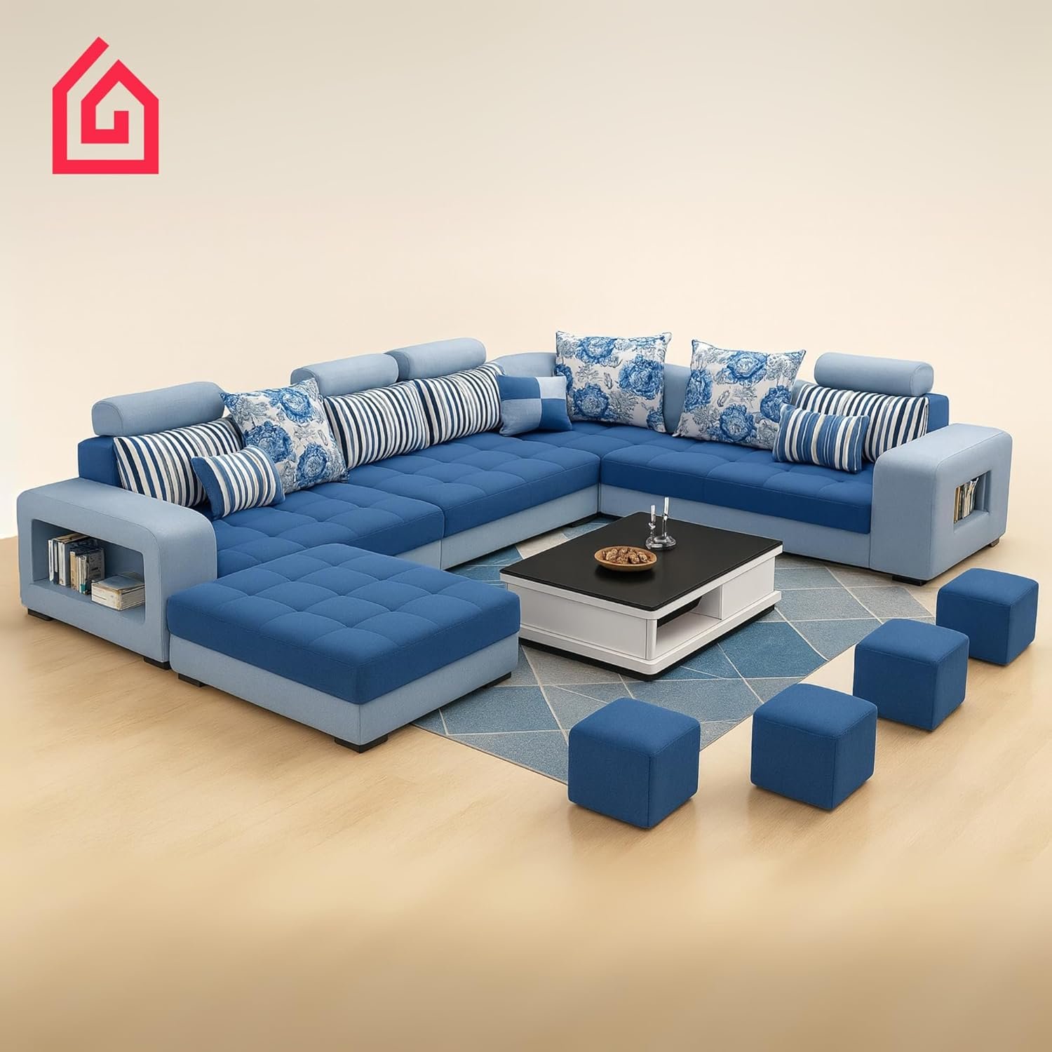 Karnak Luxury U-Shaped Sectional Sofa Set | 10-Seater Fabric Upholstered Sofa Set | Corner Couch Set | Modern Solid Wood Sofa for Large Living Room | Space Saving (Blue) - Image 4