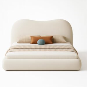 Karnak Fleece Fabric Queen Bed Frame Wooden | Beige Upholstered Platform Bed | Solid Wood Base & Legs (150 x 200 cm Without Mattress)