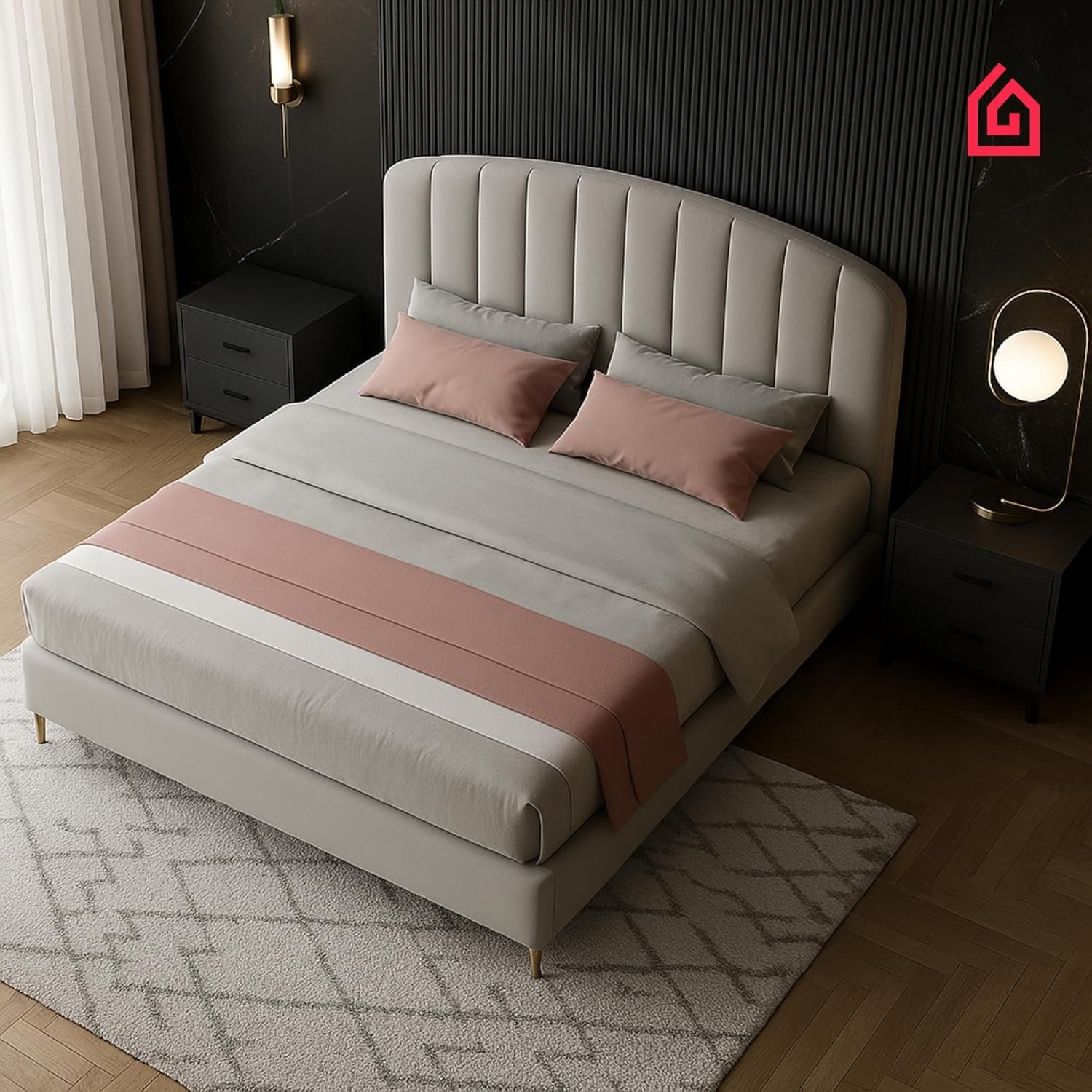 Karnak Vienna Modern Velvet Super King Bed Frame | Light Grey Upholstered Bed Frame with Solid Wood Base & Legs | Premium Bedroom Furniture (200 x 200 cm Without Mattress) - Image 4