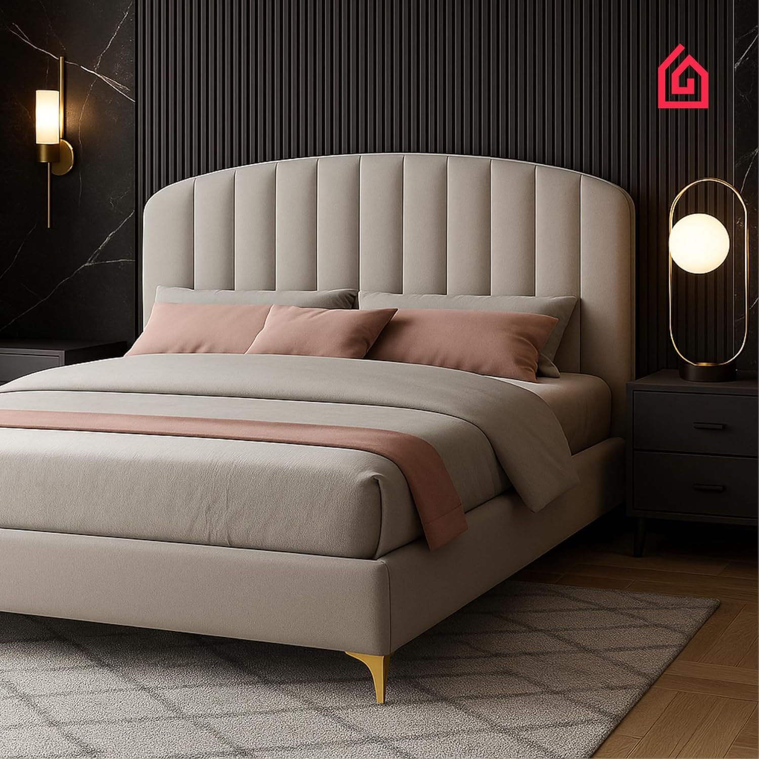 Karnak Vienna Modern Velvet Super King Bed Frame | Light Grey Upholstered Bed Frame with Solid Wood Base & Legs | Premium Bedroom Furniture (200 x 200 cm Without Mattress) - Image 5