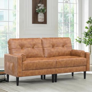 Karnak 2-Seater Modern Sofa – Thick Cushions & Pillows, Linen Fabric, Side Storage Pockets, Compact & Comfortable Couch for Living Room, Bedroom, Office (Leather, Brown)