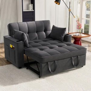 Karnak 3-in-1 Convertible Velvet Sofa Bed – 2-Seater Recliner with Pull-Out Bed, Adjustable Backrest & Cup Holders – Space-Saving Sleeper Sofa for Living Room – Dark Grey (137×76.5×83 cm)